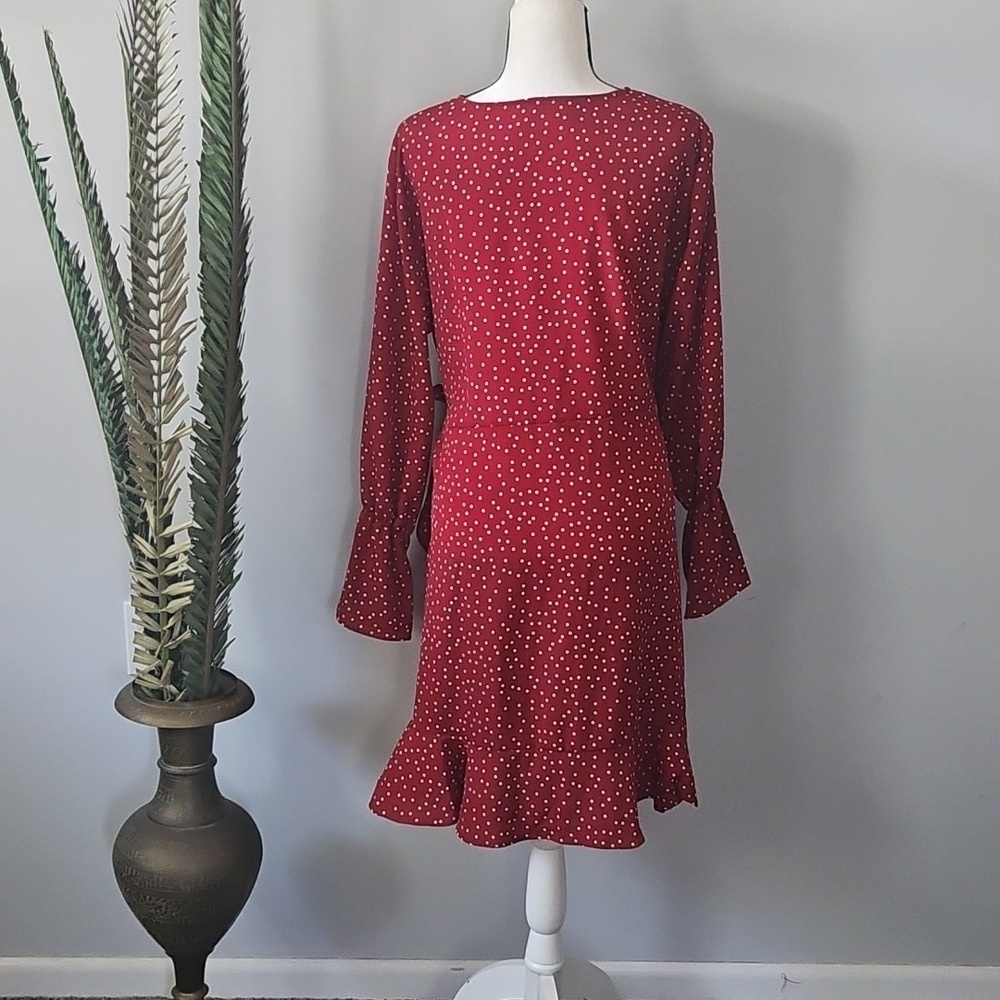 Brick Red Polka Dot Faux Wrap Skirt - Picture 3 of 14